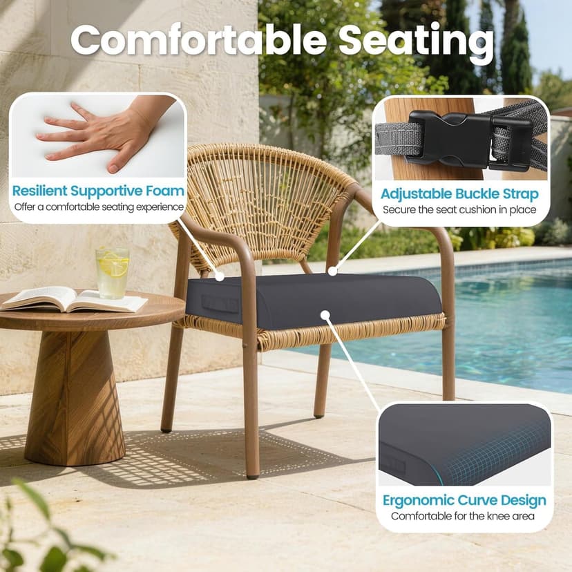 TasticTotes 19 x 19 x 3 Inch Patio Chair Cushions - Set of 2, Waterproof Outdoor Seat Cushions with Adjustable Straps and Handles, Fade-Resistant Chair Pads for Outdoor Furniture, Garden, Beach, Grey