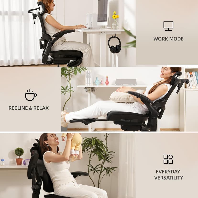 CabLady S2 Petite Office Chair for Women & Small Frames - 330lb Capacity, 4D Adjustable Lumbar/Headrest, Flip-Up Arms & Footrest, Ergonomic Desk Chair
