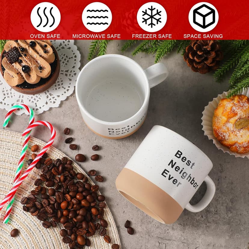 6 Set Christmas Gifts for Neighbors Best Good Neighbor Ever Gifts Ceramic Coffee Mugs Set with Box, Ribbon, Pine Branch for Xmas Holiday Neighborhood Treats Housewarming Goodbye Farewell Appreciation