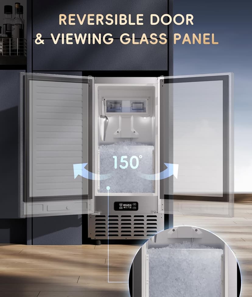 ecozy Under Counter Nugget Ice Maker Machine, Bulit-in & Freestanding, Horizontal Handle, Reversible Door, 66 Lbs/Day, Thickened Viewing Glass Window, Self-Cleaning & 24H Timer, Stainless Steel