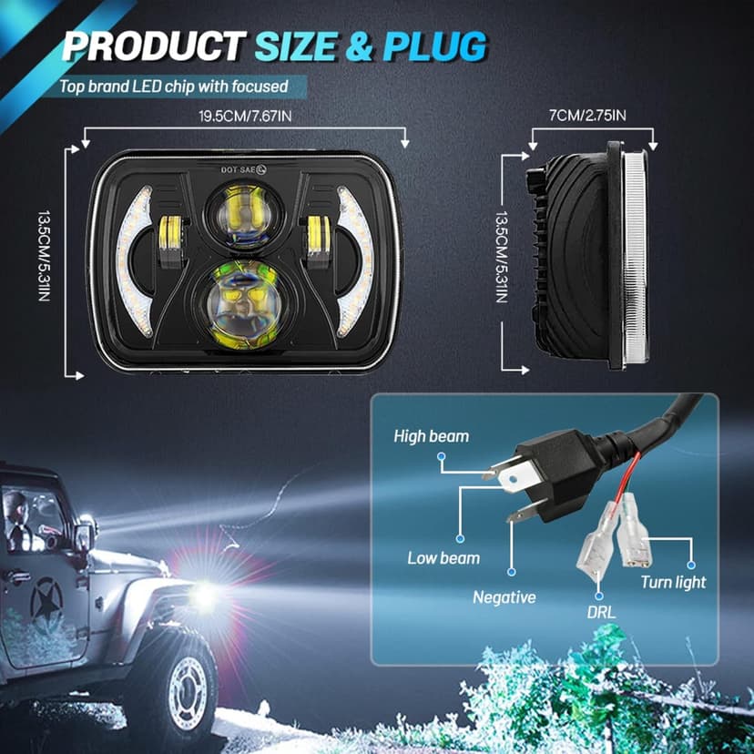 5x7 LED Headlight,JHLion Anti-glare H6054 5x7 7x6 Led Headlights,180W DOT Approved 600% Brighter w/DRL Amber Turn Signal Hi/Low Sealed Beam Compatible with Jeep Cherokee XJ Wrangler YJ GMC Comanche MJ