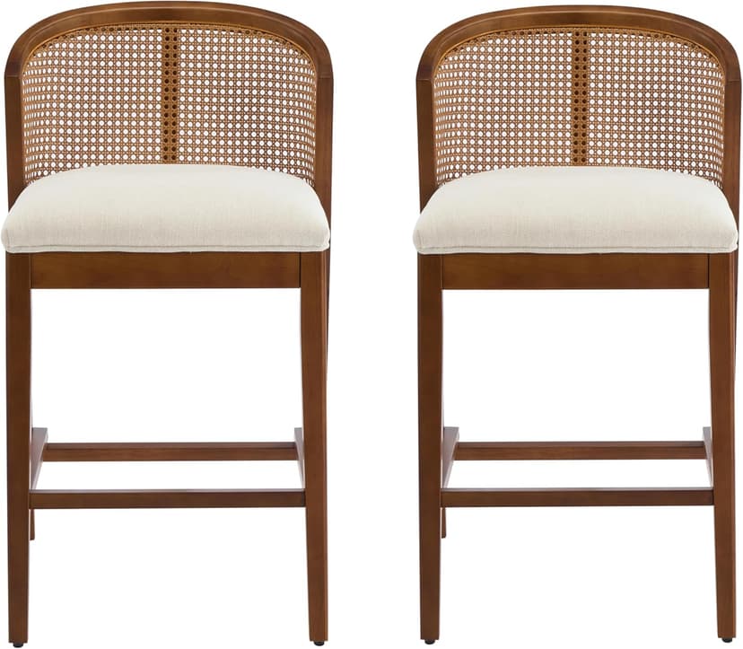 Christopher Knight Home JENA Rattan Counter Stools Set of 2, Counter Height Bar Stools for Bar Table, Rubberwood Frame with Upholstered Barstools, Wood Accent Chair with Footrest, Beige + Walnut