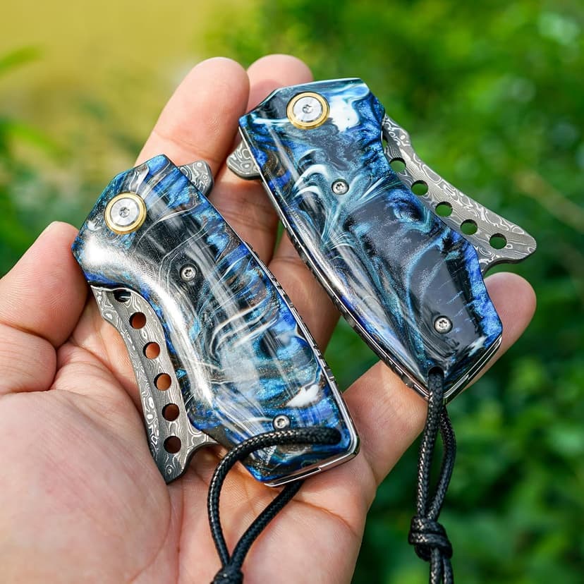 VNLA Handmade VG10 Damascus Steel Folding Pocket Knife - 2.2-Inch Blade, Liner Lock, One-of-a-Kind Random Resin Handle, Cowhide Sheath - Premium Men's EDC Gift for Outdoor Enthusiasts