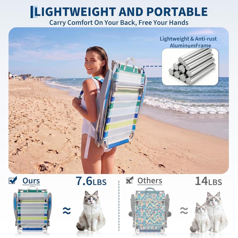 GarveeLife Backpack Beach Chair for Adults, Lightweight Portable Lay Flat Folding Beach Chair with Canopy Shade, 5 Reclining Positions, Backpack Straps, Phone Pocket, Cup Holder & Towel Bar