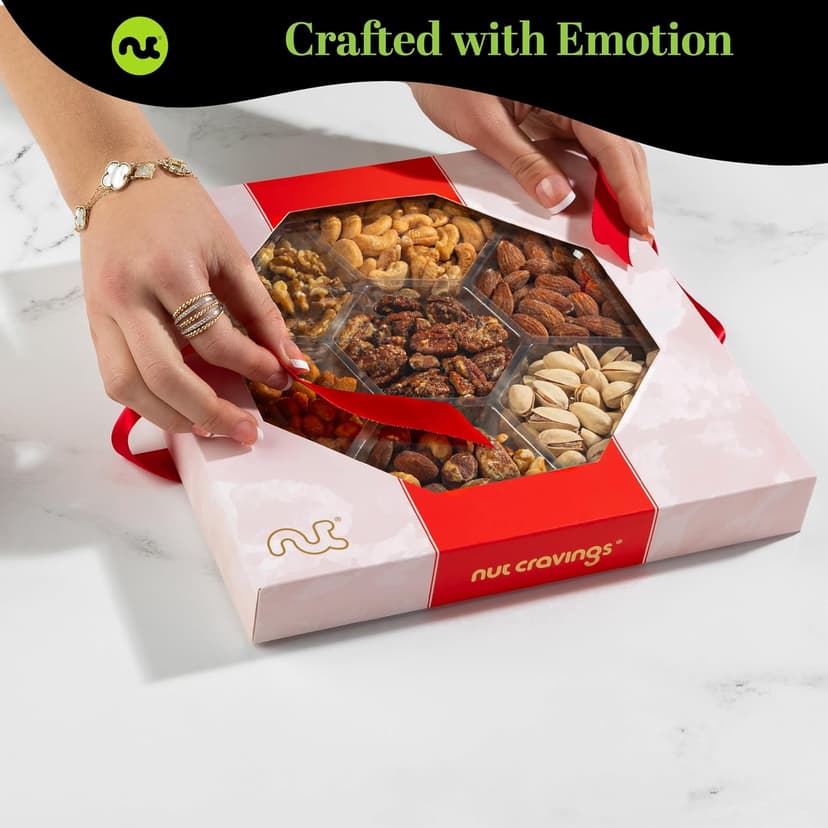 NUT CRAVINGS - Diwali Mixed Nuts Gift Basket in Red Gold Box (7 Assortments, 1 LB) Food Arrangement, Healthy Snack Care Package, Food Assortments