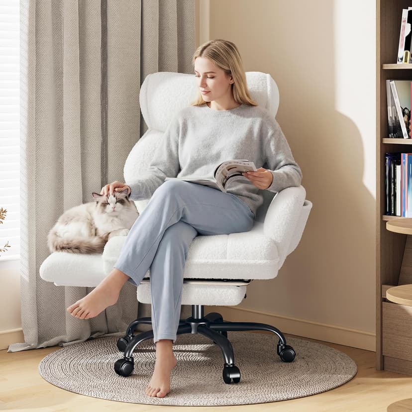 DurayLoly Big and Tall Office Chair with Adjustable Arms and Back, Ergonomic Office Chair with Footrest and Comfortable Fabric for Home Office, Bedroom,White
