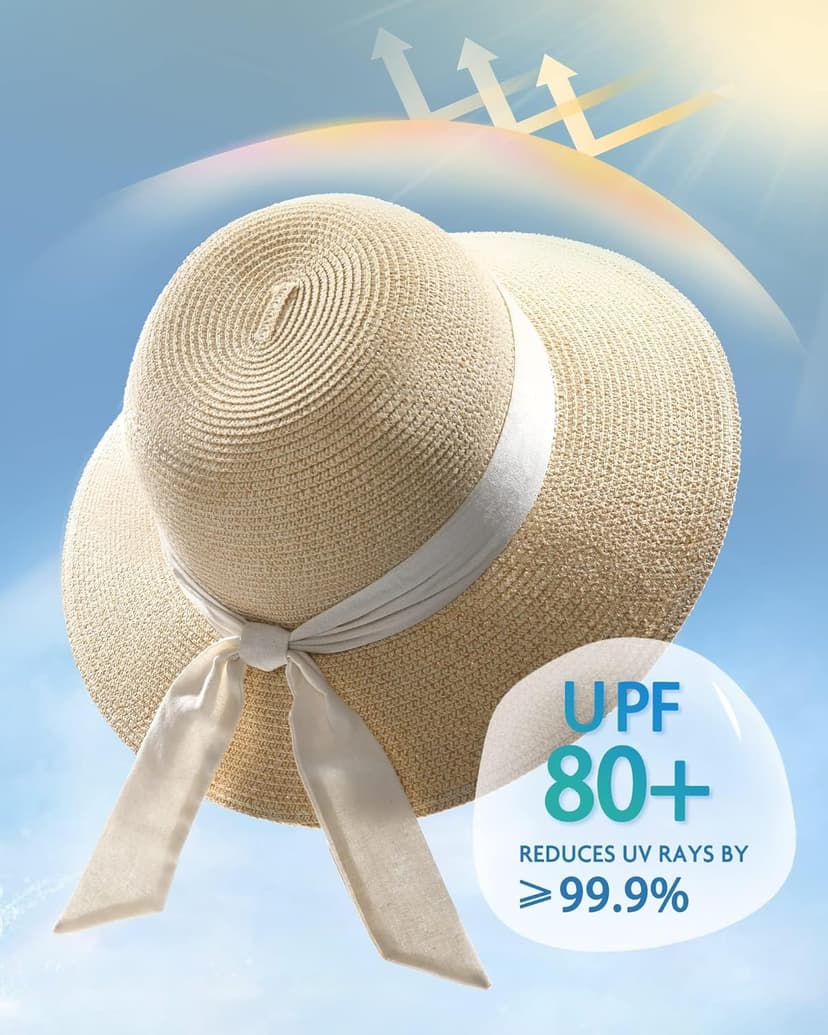 FURTALK Womens Beach Sun Straw Hat UV UPF 80+ Travel Foldable Brim Summer UV Hat