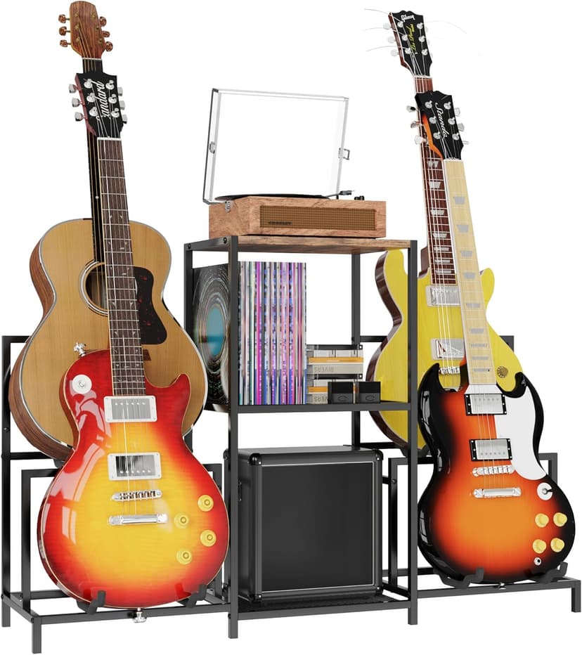 VGMiu Guitar Rack Multi Guitar Stand for Multiple Guitars, Multiple Guitar Rack Holder with 3 Tier Shelf for Acoustic, Electric Guitar, Bass, Record Player, Guitar Display Stand for Home Music Studio
