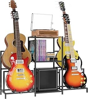 VGMiu Guitar Rack Multi Guitar Stand for Multiple Guitars, Multiple Guitar Rack Holder with 3 Tier Shelf for Acoustic, Electric Guitar, Bass, Record Player, Guitar Display Stand for Home Music Studio