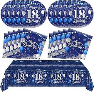 Blue 18th Birthday Decorations for Boys Girls Navy Blue Silver Happy 18th Birthday Napkins Tablecloth Plates for 18th Birthday Anniversary Party Supplies Year Old Party Decorations