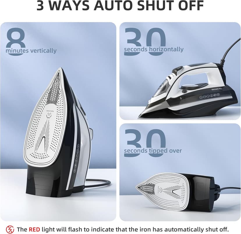 IRONDAY 1700W Steam Iron for Clothes, Rapid Heating, 3-Way Auto-Off, Spray Mist, Steam Burst, 14.07oz Water Tank, Adjustable Thermostat Dial