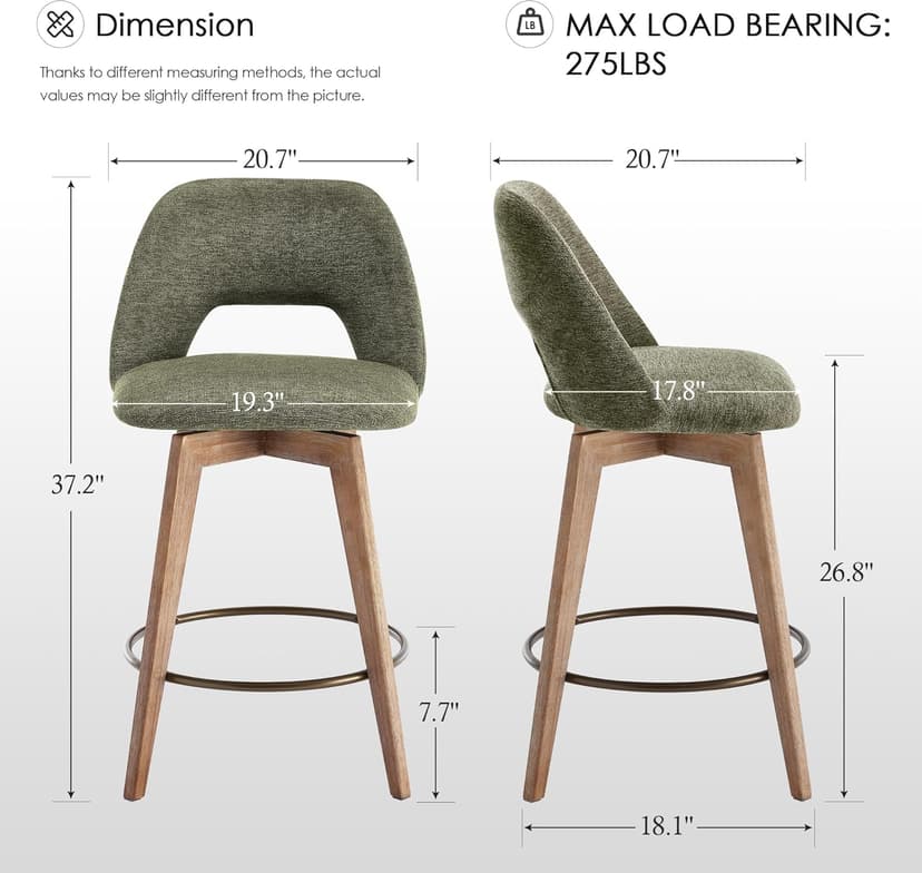 Zesthouse Swivel Farmhouse Bar Stools Set of 4, 26" Modern Counter Stools with Open Back & Natural Wood Legs, Upholstered Linen Fabric Counter Height Barstools, High Chairs for Island Kitchen, Green