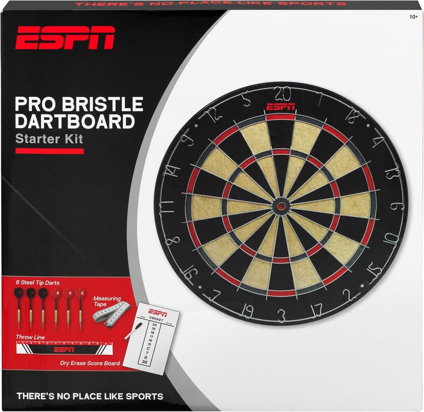 ESPN Dart Board Includes 6 Steel Tip Darts, Bristle Dartboard with Radial Spider Wire and Staple Free Bullseye, Ideal Gifts for Men