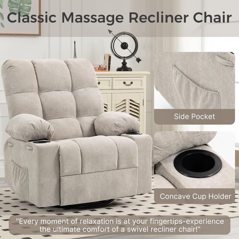 Quiet Massage Recliner Chair with Heat, 360 Swivel Rocker Glider for Nursing, Back Pain Relief, Manual Overstuffed Single Sofa with Cup Holders & Side Pockets, Oatmeal Gray