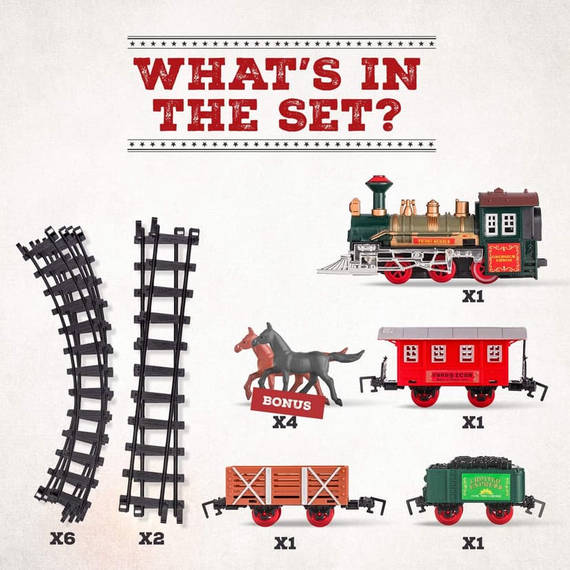 Electric Train Set for Kids Ages 4-8 | Train Set for Kids Ages 4-8 | Battery Powered Trains Sets with Lights & Sounds, Steam Locomotive Engine, Horses & Tracks - Classic Railway Toy Gift
