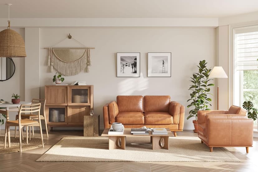 Valencia Artisan Full Leather Loveseat Sofa 66” - Pure Full Italian Nappa Leather Couch, Solid Wood Accent, Ultimate Comfort, Cognac Tan