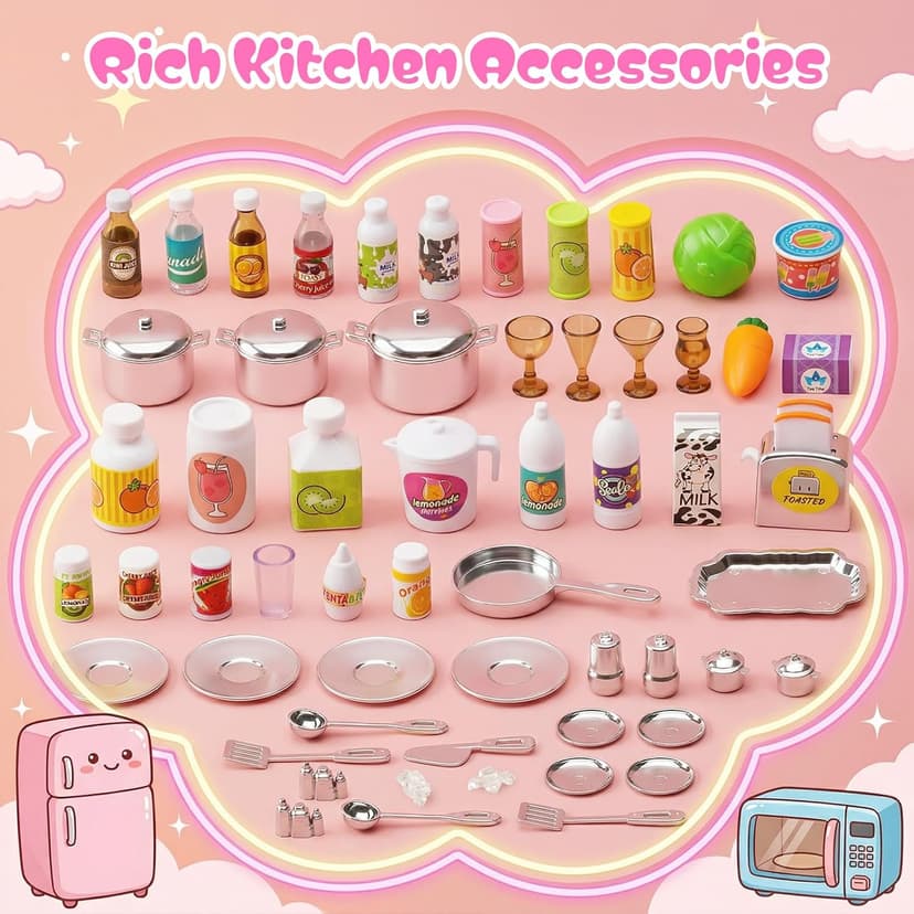 5 in 1 Kids Kitchen Playset Toys with Light & Sound, Doll House Furniture Accessories, 64 PCS Pretend Cooking Food Set, Play Kitchen for Toddlers, Gifts for Girl Ages 3-5 Year Old