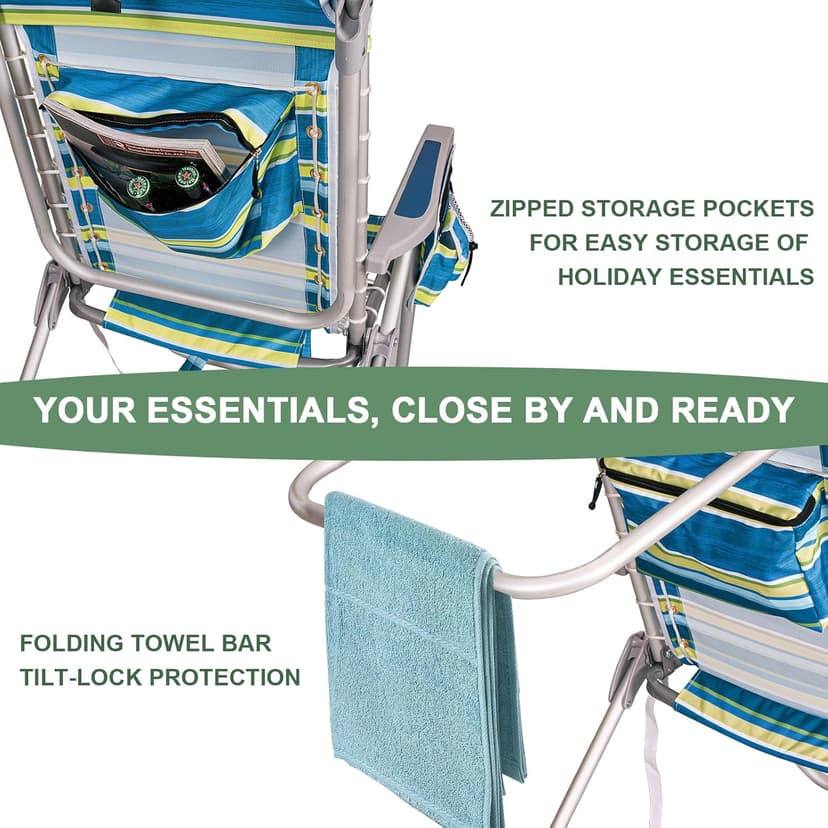 Romswi Tall Beach Chair Extra Wide for Adults, 17" High Seat Backpack Beach Chair with Cooler Bag, Cup & Phone Holder, 5-Position High Back Reclining Chair with Towel Bar & Zipper Pocket, Blue Stripes