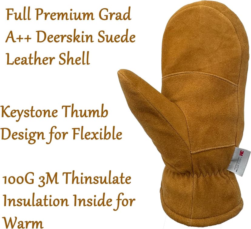 SKYDEER Premium Full Deerskin Suede Leather Soft Winter Mittens, Extra Warm 100G 3M Thinsulate, Thermal Insulated (SD3671M)