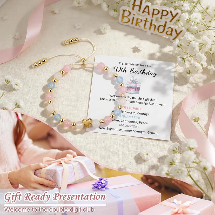 Natural Healing Crystal Bracelets, Aquamarine Moonstone Rose/Clear Quartz Adjustable Beaded Bracelet, Gifts For Teen Girls Sereney Birthday Gifts for Girls, 9-18 Year Old Birthday Crystal Bracelets B0GS1K1FNR