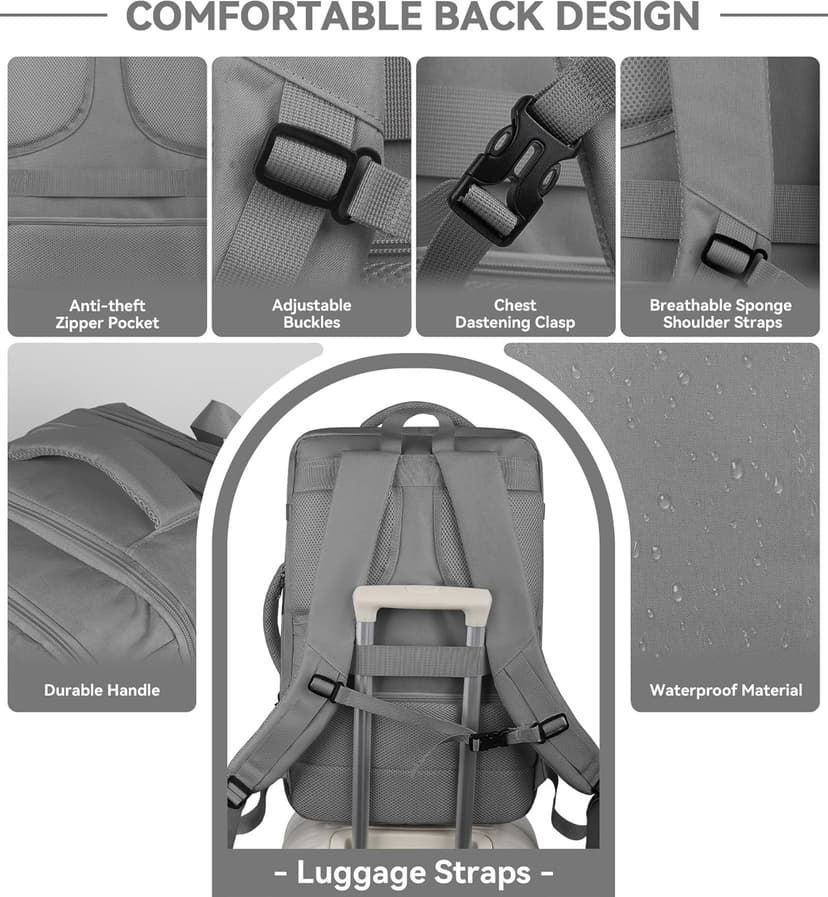 Carry On Backpack, 50L Extra Travel Laptop Backpack for Men Women, Big Bag Business Travel Essentials Gifts for men, 17 Inch Laptop Backpack Computer Bag Gifts for Him Men, Grey