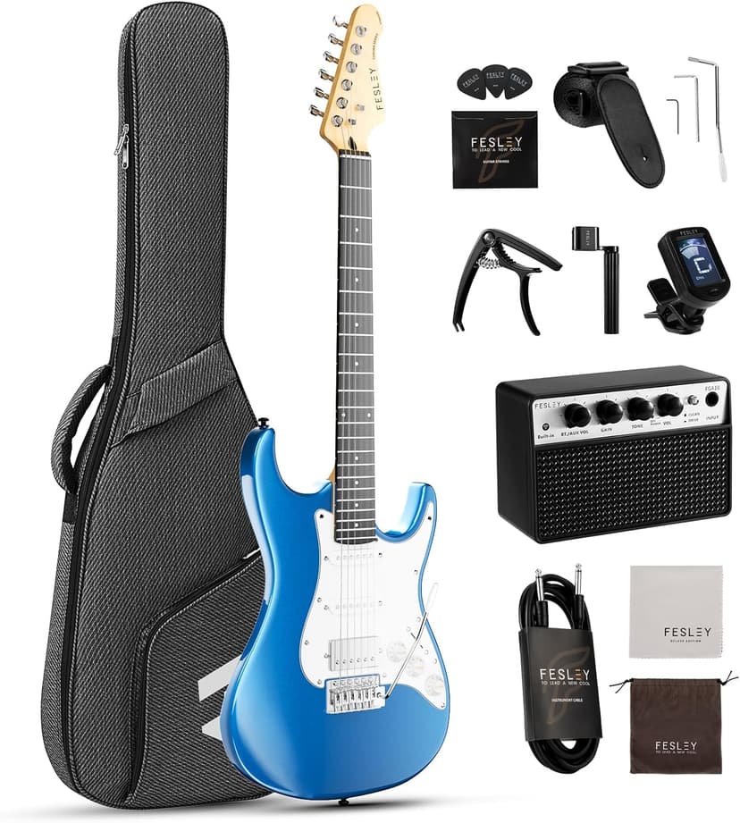 Fesley 39 Inch Electric Guitar: Beginner Electric Guitar Kit with HSS Pickup, Full Size Solid Body Guitar Starter Set with Amplifier, Bag, Strap, String, Cable, Picks, FST100, Blue