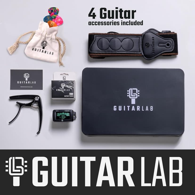 Guitar Accessories Kit by Guitar Lab – Premium Metal Tin with Guitar Strap, Capo, Tuner, Picks for Acoustic, Bass, Electric & Ukulele Guitars – Ideal Guitar Gifts for Men, Beginners, and Pros