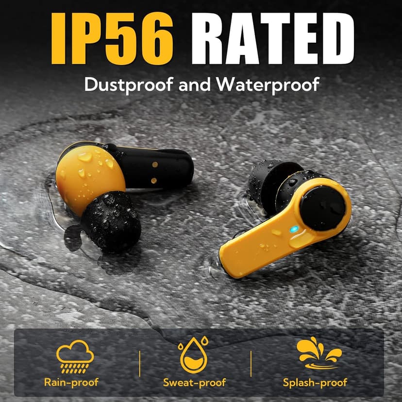 ToolFun Bluetooth 6.0 Jobsite Earbuds, 70H Playtime, IP56 Waterproof, 30dB SNR Noise Cancelling, ENC, Heavy Duty True Wireless Ear Buds for Outdoor Work, Construction with 12pcs Earplugs