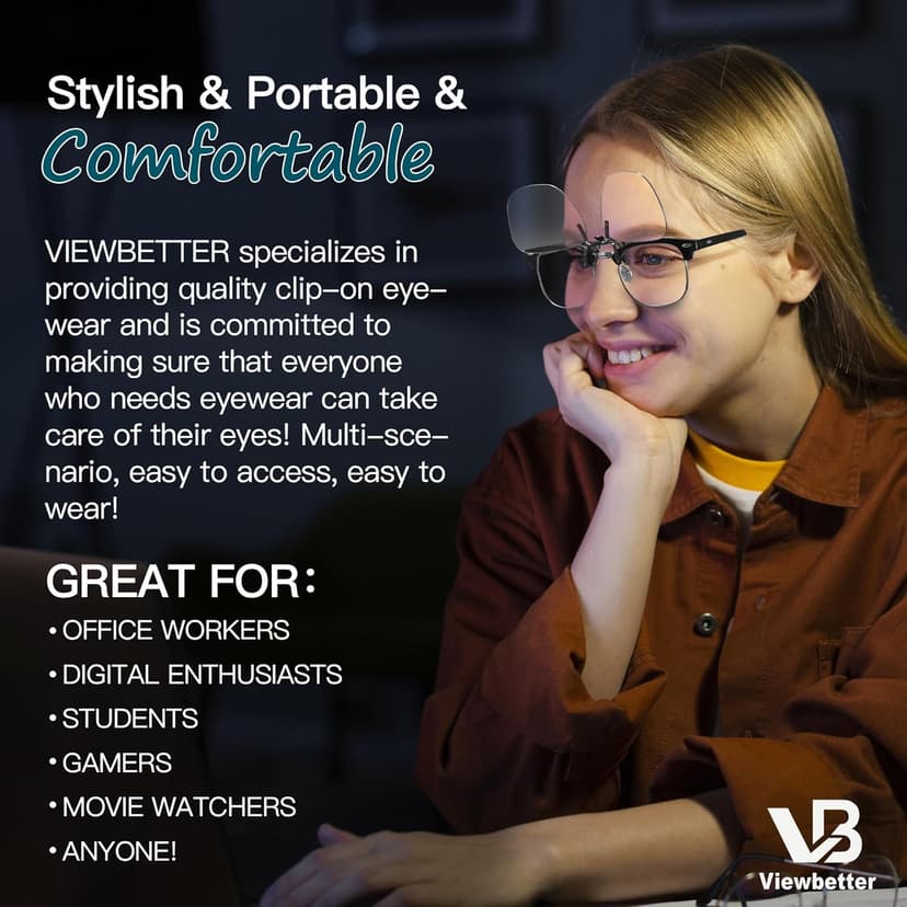 VIEWBETTER Clip On Blue Light Blocking Glasses for Eyes Strain & Light-Sensitive Flip Up Frameless Yellow Lenses BL103Y