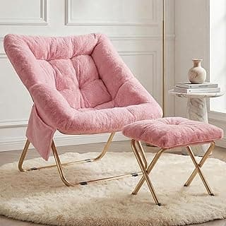 Comfy Saucer Chair for Adults, Foldable Living Room Chairs, Soft Faux Fur Lounge Chair for Bedroom, Reading Chairs, X-Large (Ottoman-Pink)