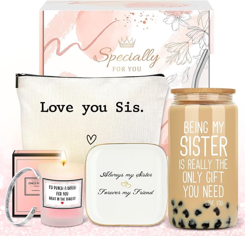 Sister Gifts from Sisters Birthday Gifts for Sisters Adult Best Sister Ever Gift Ideas for Women Cool Presents Set with Funny Glass Cup, Unique Makeup Bag, Scented Candle, Bracelet, Jewelry Tray