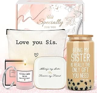 Sister Gifts from Sisters Birthday Gifts for Sisters Adult Best Sister Ever Gift Ideas for Women Cool Presents Set with Funny Glass Cup, Unique Makeup Bag, Scented Candle, Bracelet, Jewelry Tray
