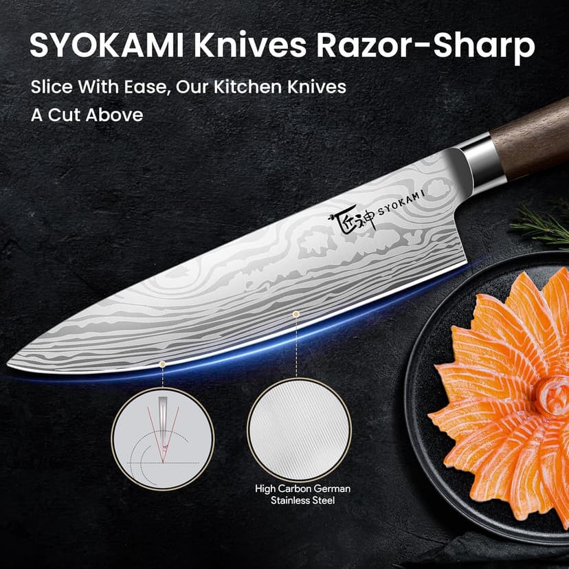 360° Rotatable Block, Japanese Style Chef Knife & Steak Knife Set with Sharpener, Wood Handle, Damascus Pattern, Ideal Gift SYOKAMI 14-Piece Kitchen Knife Set with Magnetic Block, New for 2026 B0CB122YV5