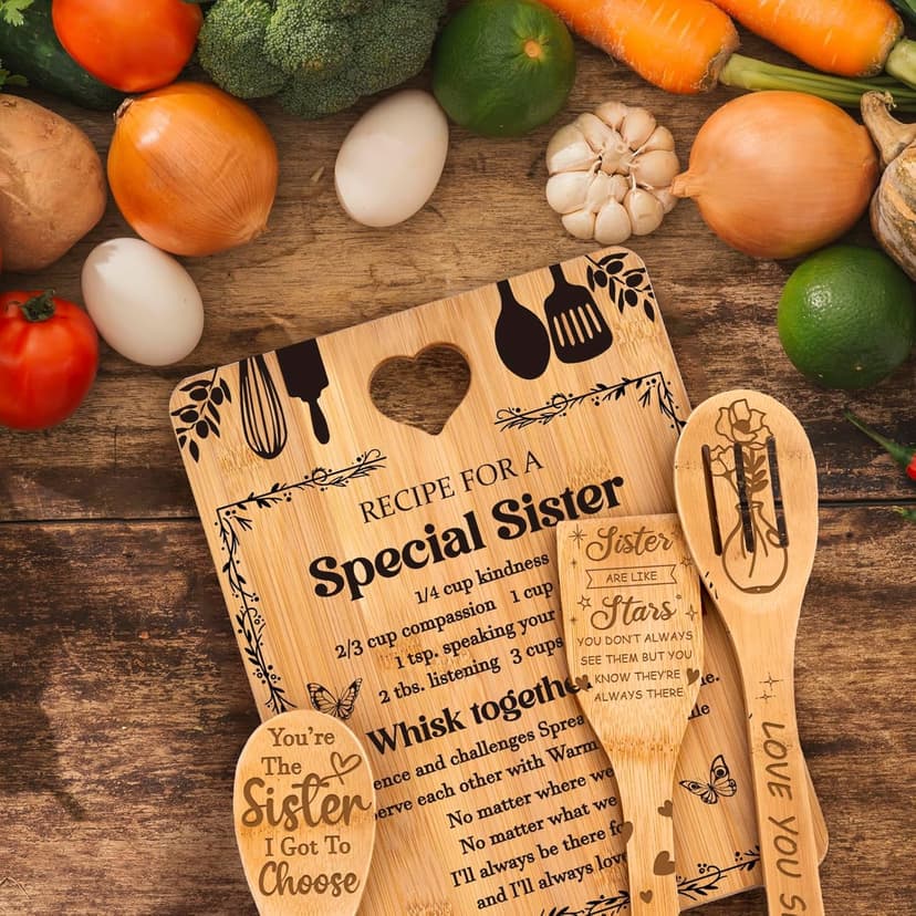 Gifts for Sister - "Recipe for a Special Sister" Sister Birthday Gifts Cutting Board Set, Bamboo-Made Engraved Utensil Set Sister Gifts, Birthday Gifts for Sister from Sister