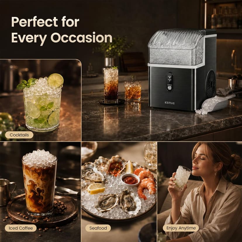 Kismile Nugget Ice Maker Countertop, 35Lbs/24H Pebble Ice Maker with Chewable Pellet ice, First Ice in 7 Mins, Self-Cleaning Ice Machine with Removable Basket for Home & Kitchen(Black)