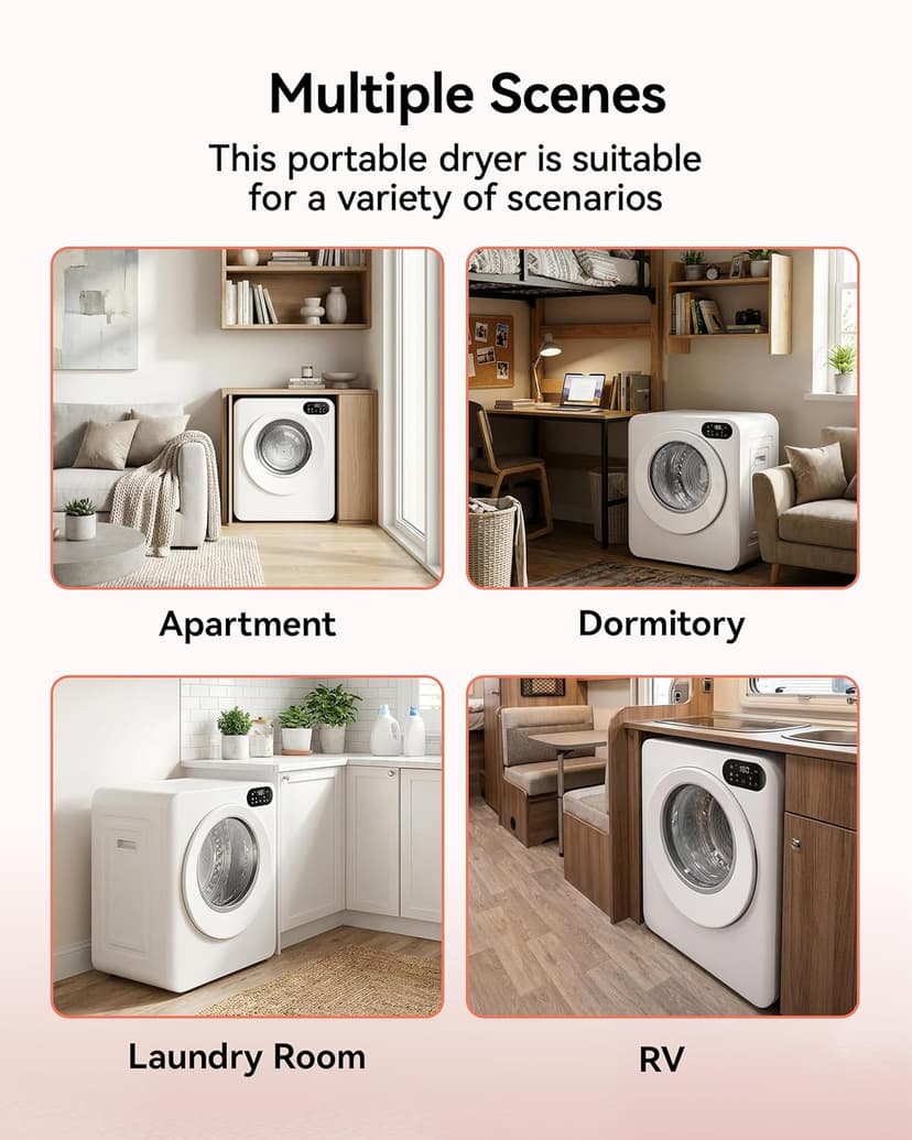 Euhomy 1.5 Cu.Ft Portable Clothes Dryer, 850W Clothes Dryer with Stainless Steel Drum, 4 Functions, LED Control, Drying Machine for Apartments, Laundry, Dorm, Small Space, White