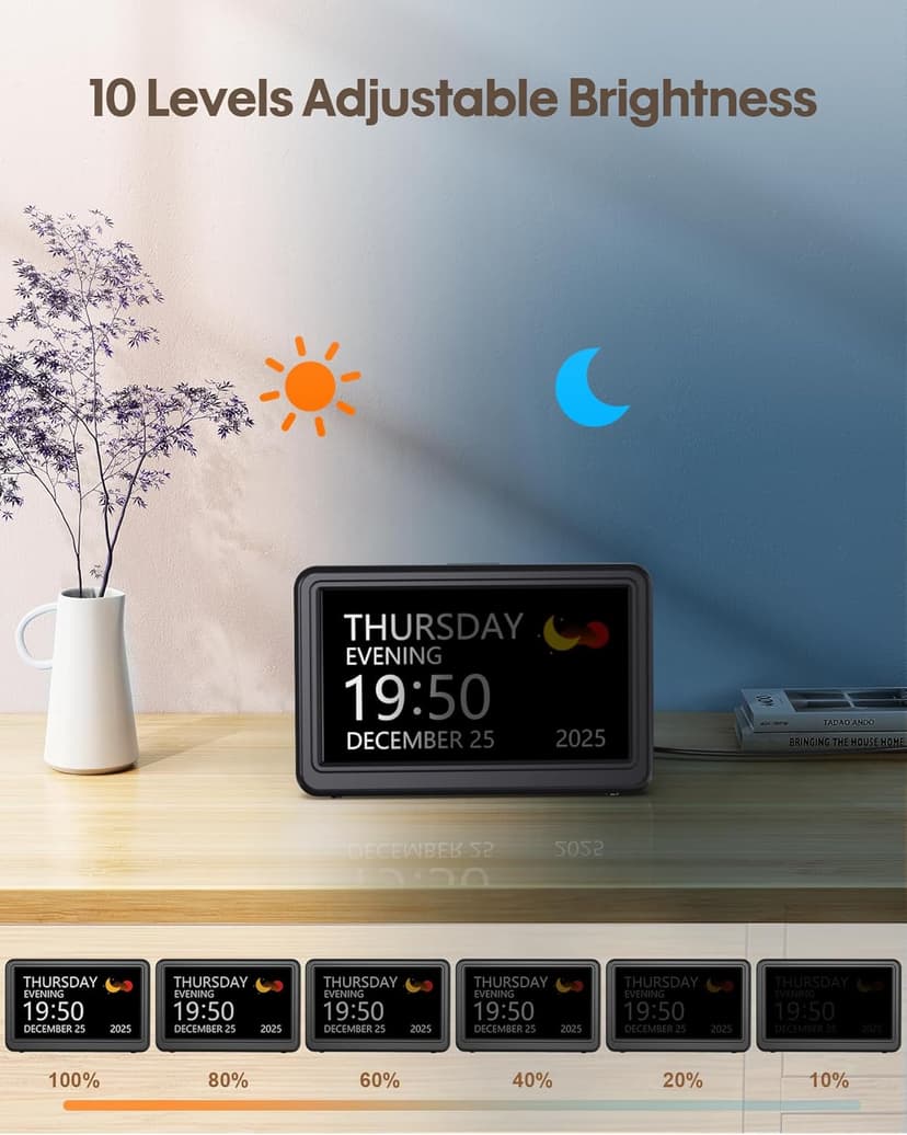 Clock with Day and Date for Elderly, 7" Large Display Digital Calendar Day Clock with 20 Custom Alarms and Medicine Reminders, 12 Display Modes, Dimmable Dementia Alzheimers Clocks for Seniors