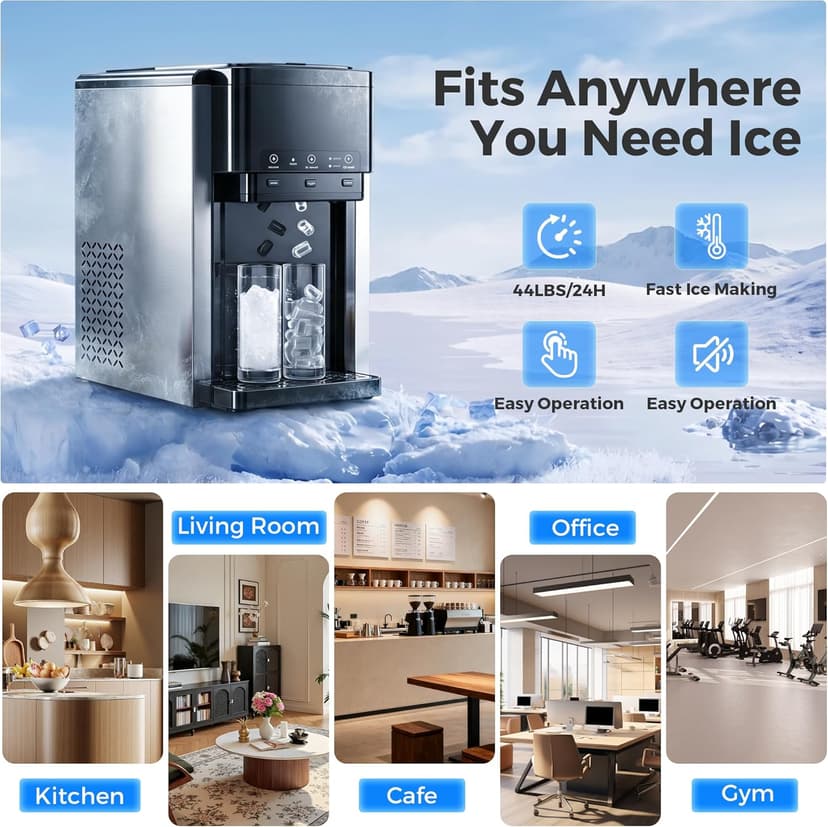 3-in-1 Water Dispenser with Ice Maker,Countertop Nugget Ice Machine with Bullet & Crushed Ice,44Lbs/24H,12 Ice Cube/6Min, Self-Cleaning, 4Lbs Storage, Home, Kitchen,RV (Silver) (Silver)