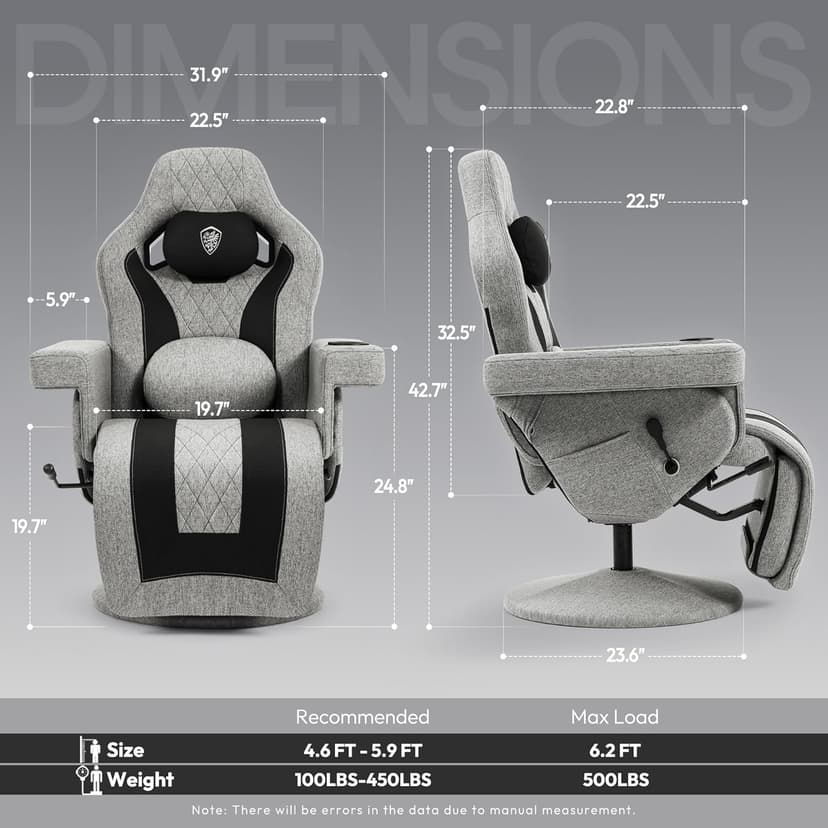 Dowinx Racing Style Gaming Recliner Chair with Massage Lumbar Support, Footrest, Cup Holder, Side Pouch, High Back Ergonomic Video Game Chair Reclining No Wheels Heavy Duty, Fabric Gray