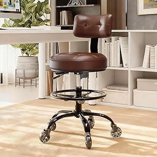 Office Drafting Chair with Footrest, Tall Height Adjustable Stool with Back Support, Heavy Duty Rolling Stool Chair with Wheels for Office Home Kitchen Bar Shop Guitar Studio Vanity, Brown