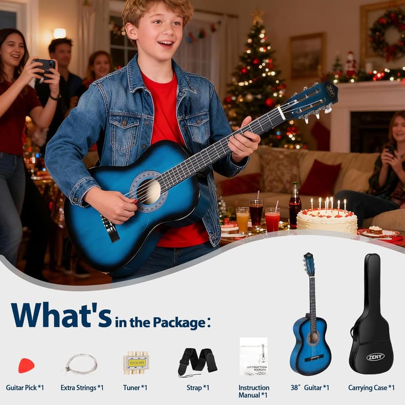 ZENY 38 inch Acoustic Guitar Full Size Beginners Package Kit for Right-handed Starters Kids Music Lovers w/Case, Strap, Pitch Pipe and Pick (Blue)