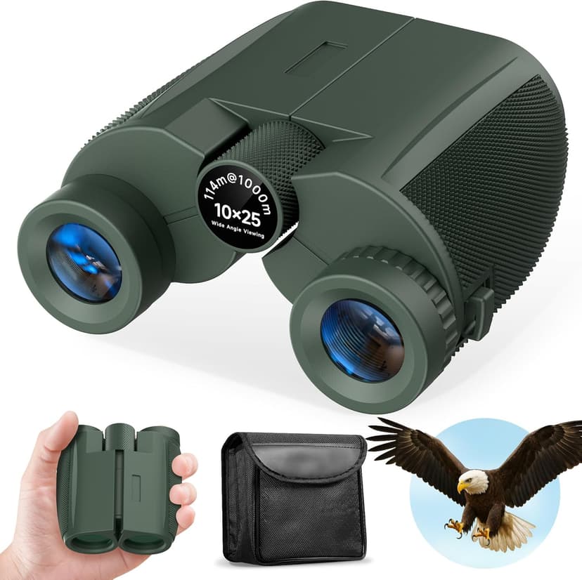 Leacco 10x25 Compact Binoculars for Adults and Kids, Large View Waterproof Small Binoculars with Low Light Vision BAK4 Prism FMC Lens for Cruise Ship Bird Watching Travel Hunting, Military Green