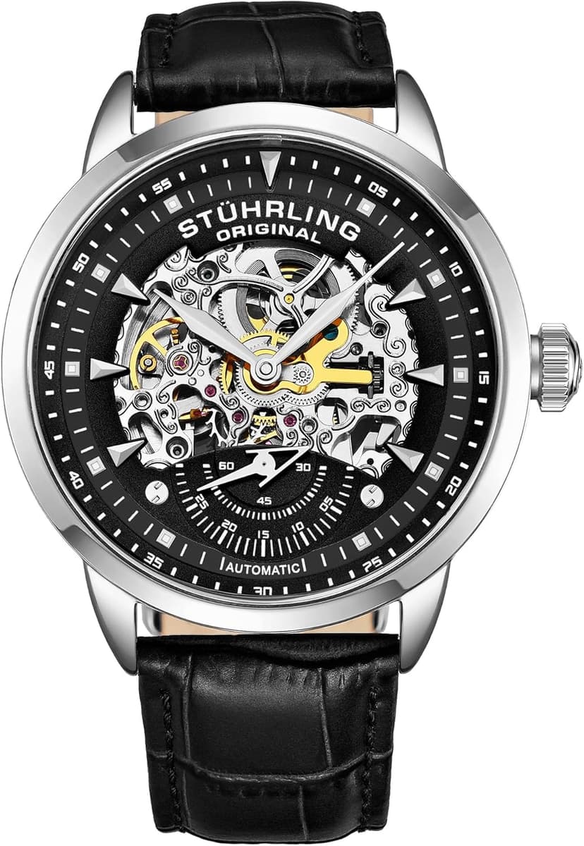 Stuhrling Original Mens Automatic Skeleton Watch - Black Leather Strap, Mechanical Silver Executive Watch