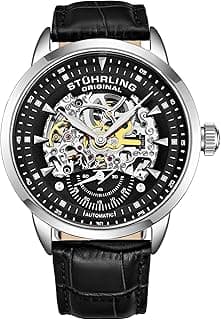 Stuhrling Original Mens Automatic Skeleton Watch - Black Leather Strap, Mechanical Silver Executive Watch