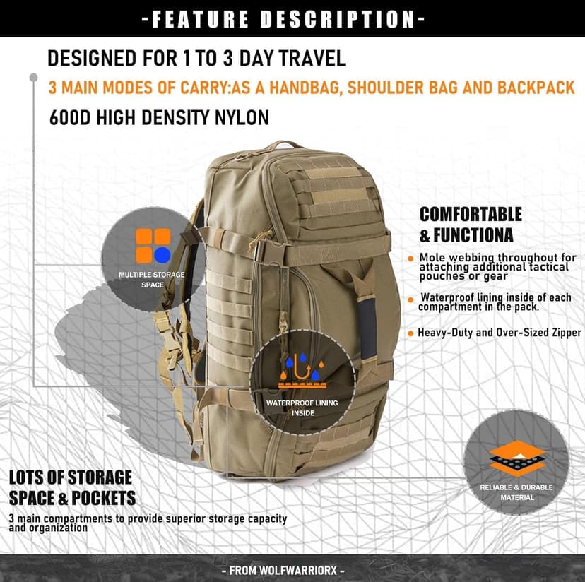 Miramrax Travel Duffle Bag Backpack for Men - Large Tactical Bags Weekender Gym Bag for Overnight Traveling Military Workout Deployment Sports (Coyote, 80L)