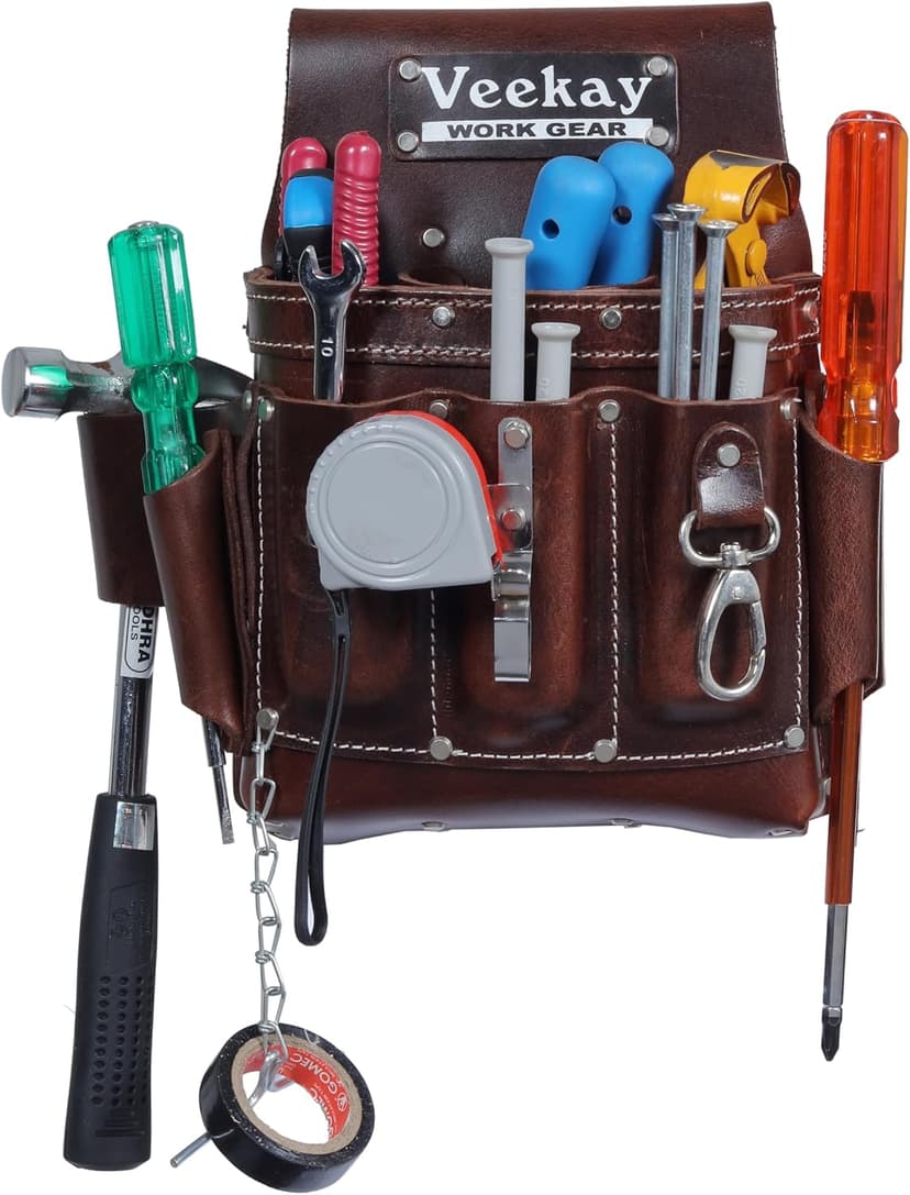 VEEKAY Electrician's Leather Tool Pouch – 10 Pocket Full Grain Leather Organizer for Electricians, Carpenters & Construction Workers – Durable, Heavy-Duty Utility Pouch (Brown/Black)
