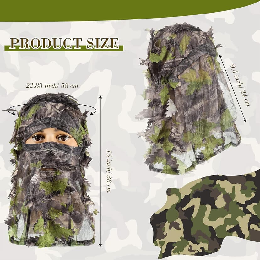 Sintege 3 Pieces 3D Camo Turkey Hunting Face Mask Camouflage Leafy Hat Ghillie Face Covering 3D Full Cover Camo Headwear Turkey Hunting Gear Accessories