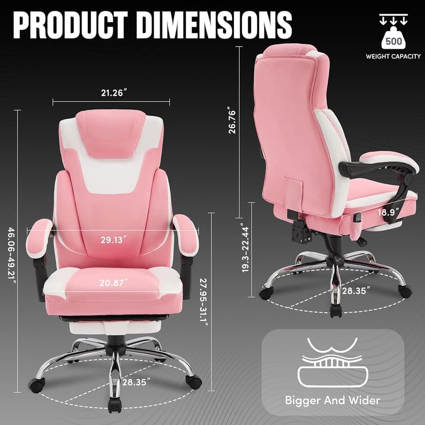 Massage Office Chair with Foot Rest,6-Point Vibration & Heat Executive Office Chairs,Ergonomic Computer Chair for Heavy People,Big and Tall Fabric Office Chair,Recliner with Padded Armrest,Pinkwhite