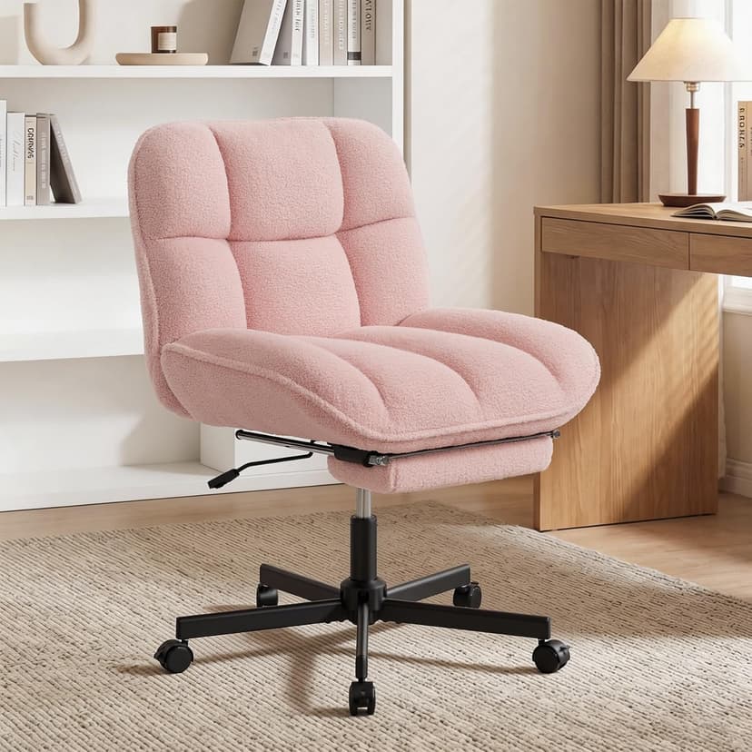 Criss Cross Office Chair with Foot Rest, Thick Cushioned Cross Legged Office Chair, Armless Wide Seat Reclining Desk Chair, Height Adjustable Criss Cross Chair for Home Office,Vanity, Pink
