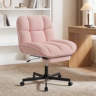 Criss Cross Office Chair with Foot Rest, Thick Cushioned Cross Legged Office Chair, Armless Wide Seat Reclining Desk Chair, Height Adjustable Criss Cross Chair for Home Office,Vanity, Pink